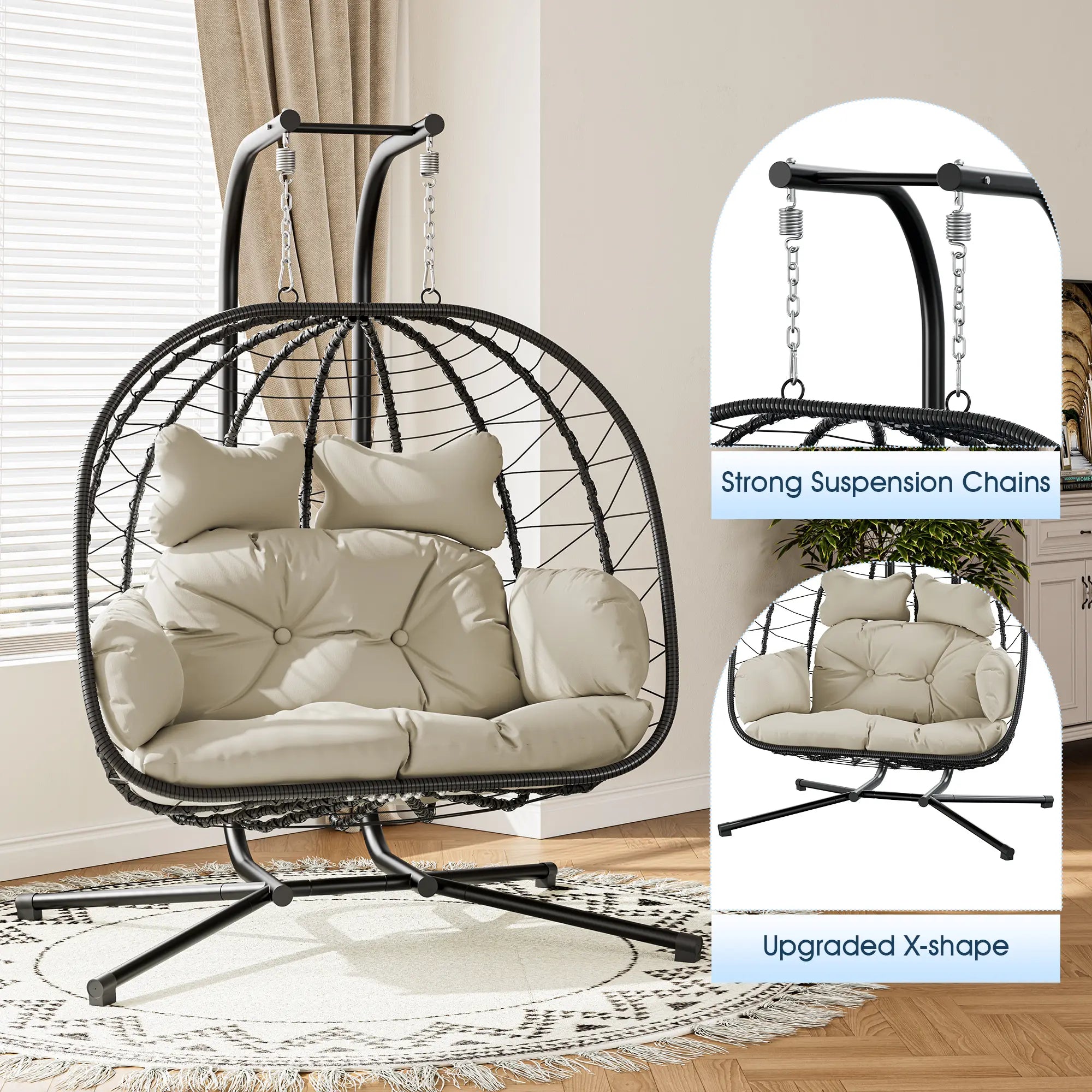 Double Hanging Egg Chair with Cushion,Capacity 700lbs