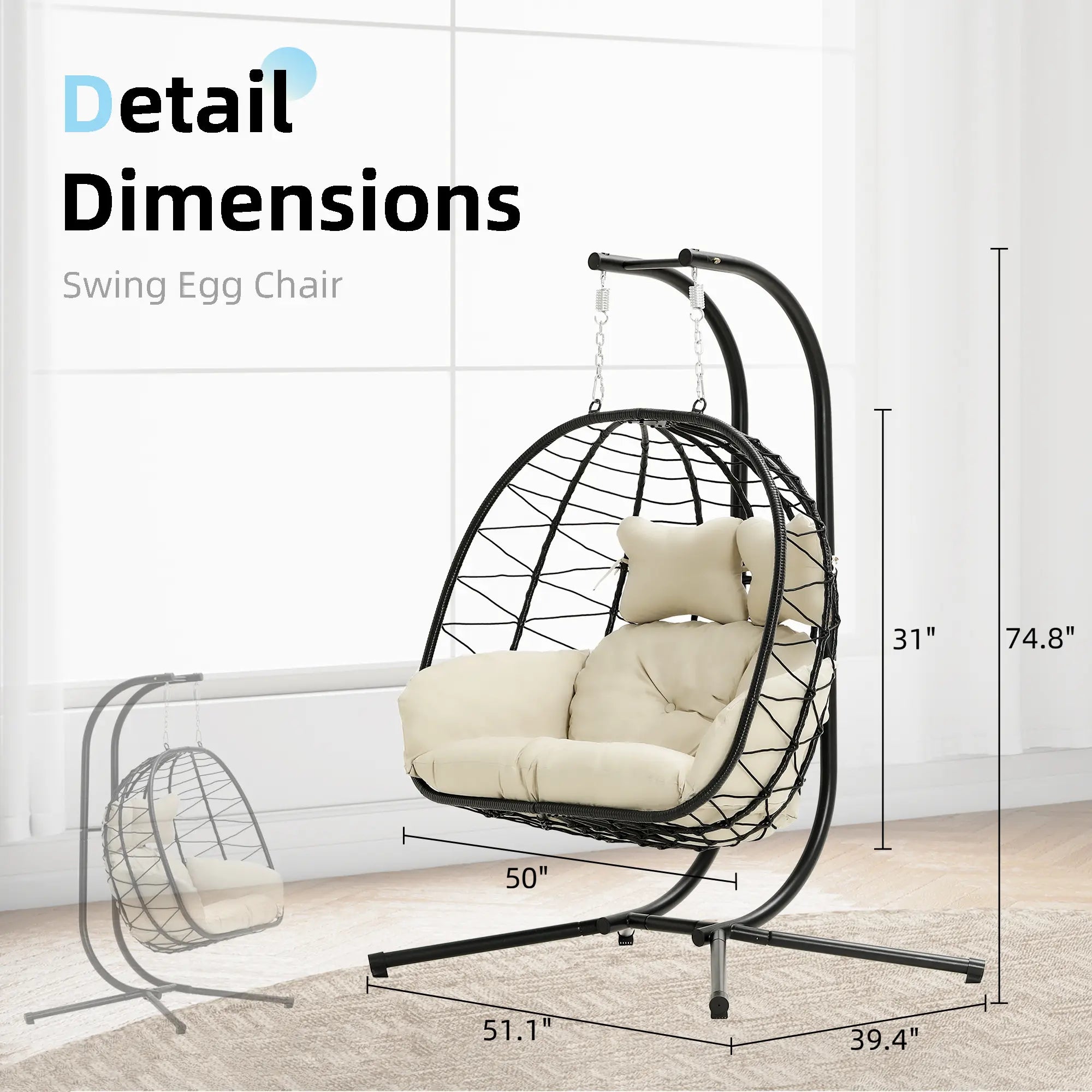 Double Hanging Egg Chair with Cushion,Capacity 700lbs