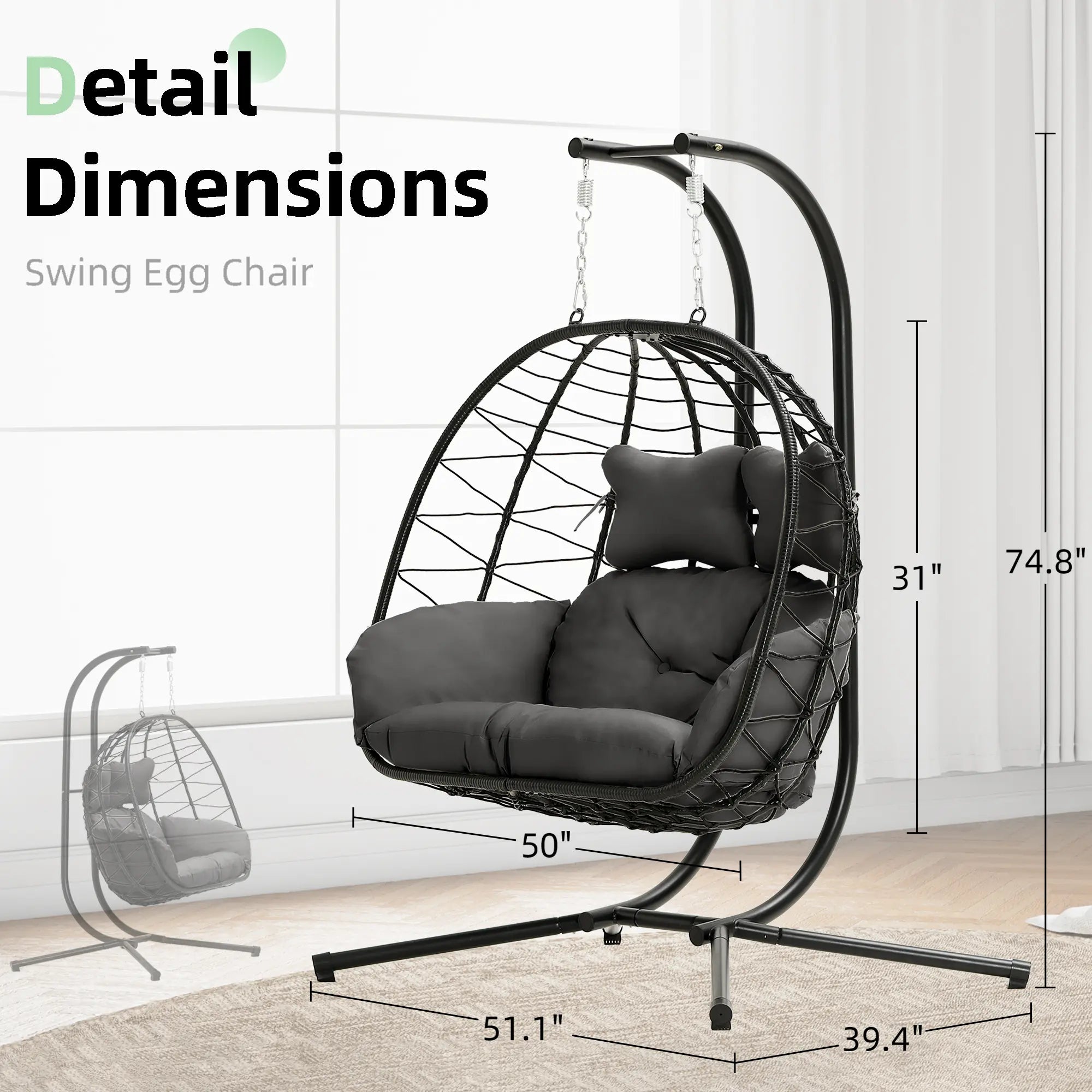 Double Hanging Egg Chair with Cushion,Capacity 700lbs